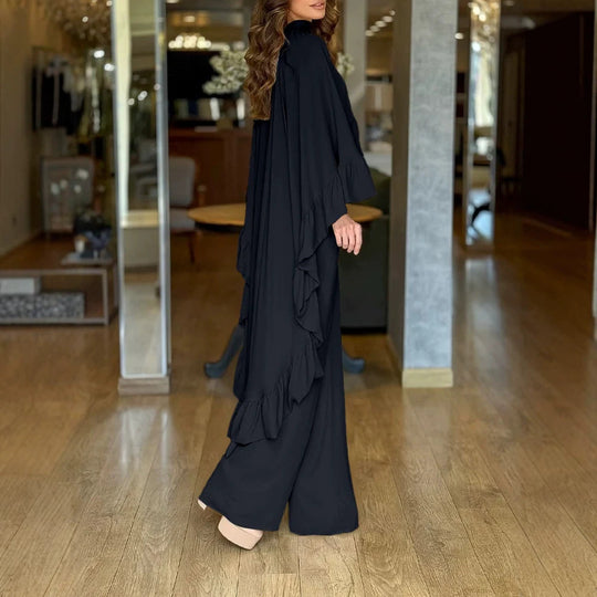Damen Eleganter Overall mit Cape-Volant und weitem Palazzohosenbein Shop Nory
