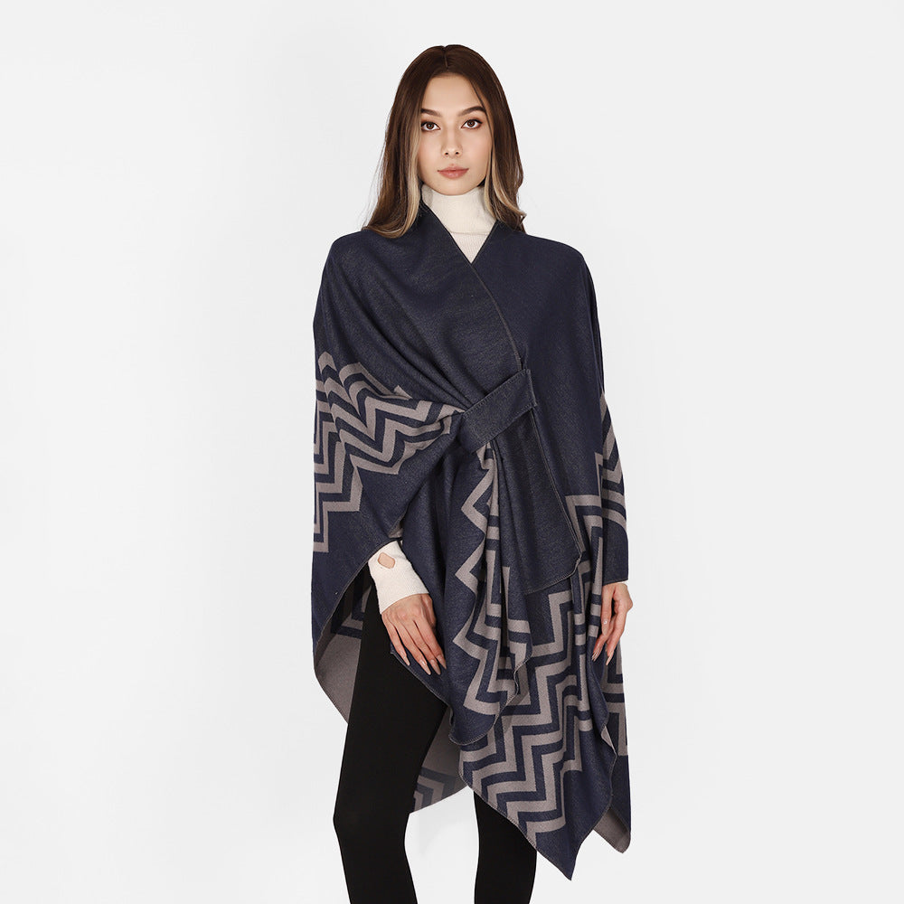 Damen Oversize Rechteck-Cape mit Jacquard-Zickzackmuster und Bindegürtel Shop Nory
