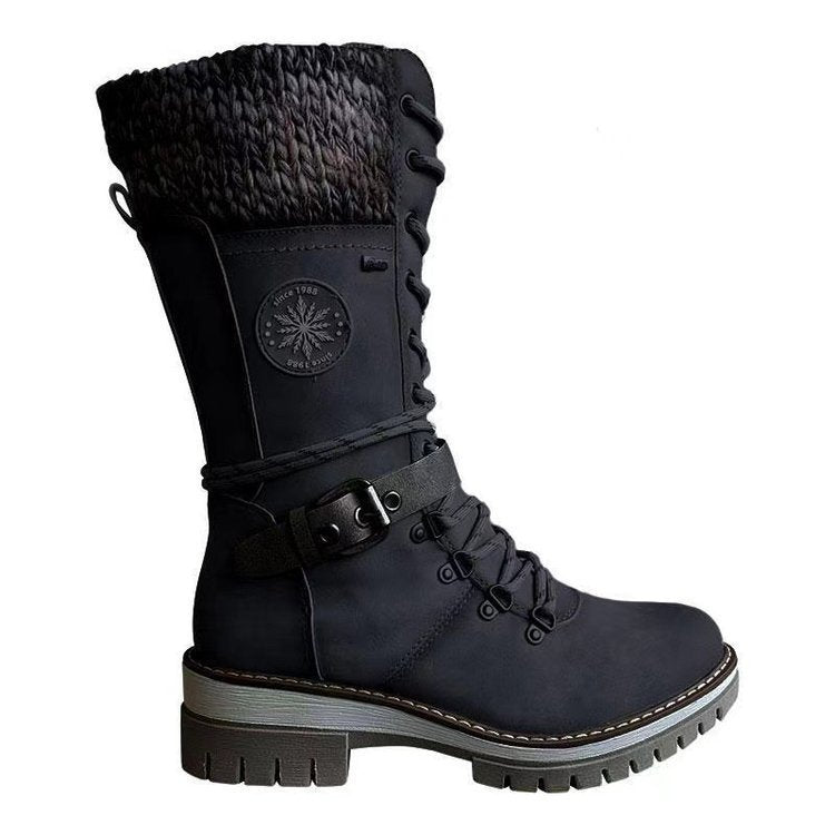 Damen nan knöchel- bis wadenhohe Schnürstiefel mit gestrickter Manschette, wasserdichter Membran, dekorativer Schnallenlasche und robuster Profilsohle Shop Nory
