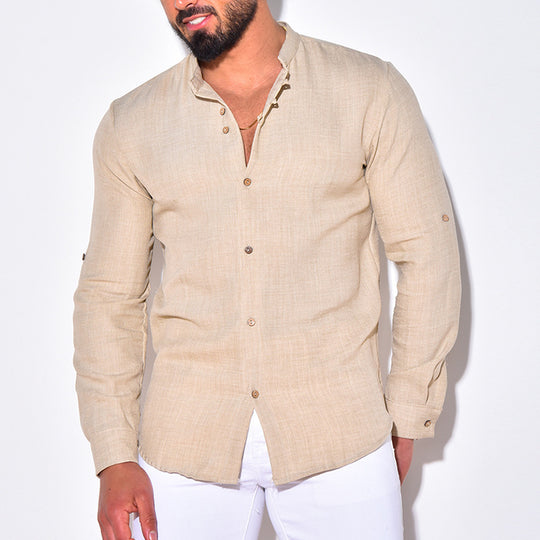 Herren Leichtes Leinenhemd mit Stehkragen, Knopfleiste und Ärmelaufrollfunktion Shop Nory