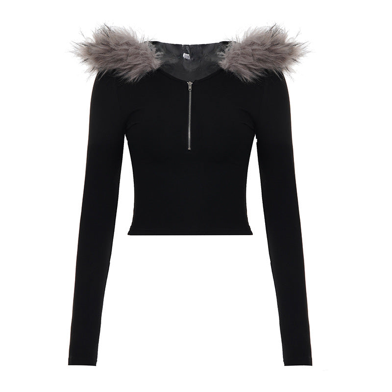 Damen nan kurzes Kapuzen‑Sweatshirt mit Kunstfellbesatz, Reißverschluss und Pompon-Kordeln Shop Nory
