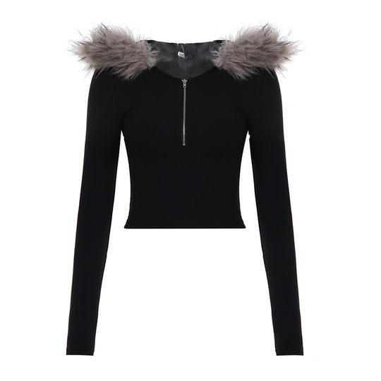 Damen nan kurzes Kapuzen‑Sweatshirt mit Kunstfellbesatz, Reißverschluss und Pompon-Kordeln Shop Nory