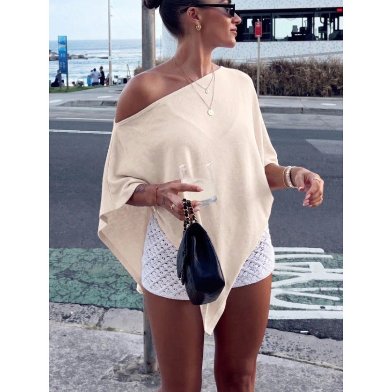 Damen Asymmetrisches Off-Shoulder Poncho-Top aus leichtem Strick Shop Nory