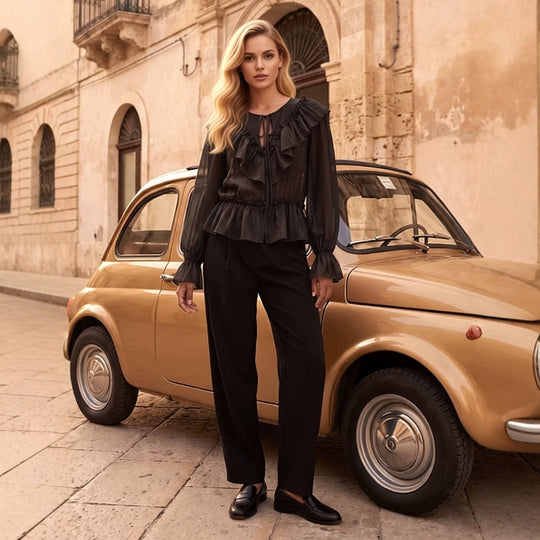 Damen Rüschige transparente Chiffonbluse mit Volant-Peplum, langen Ballonärmeln und Kordelverschluss Shop Nory