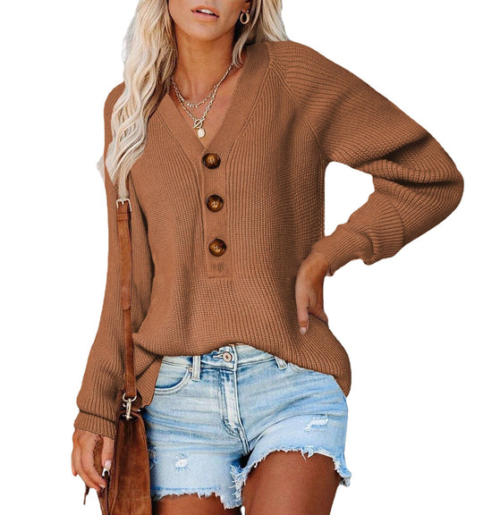 Damen Gerippter Strickpullover mit V‑Ausschnitt, Zierknopfleiste und Ballonärmeln Shop Nory