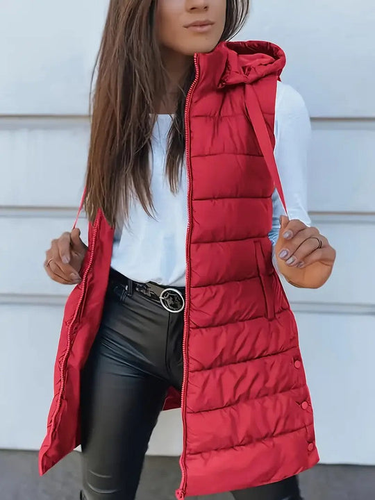 Damen Stylische gesteppte Weste mit Kapuze und langen Schnitt