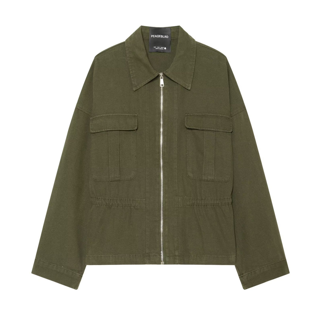 Damen Cropped Fieldjacke mit durchgehendem Reißverschluss, Pattentaschen und Tunnelzugtaillierung Shop Nory