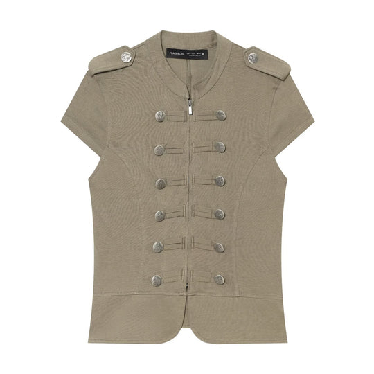 Damen Kurzärmelige militärisch-inspirierte Weste mit Zierriegeln und Metallknöpfen Shop Nory