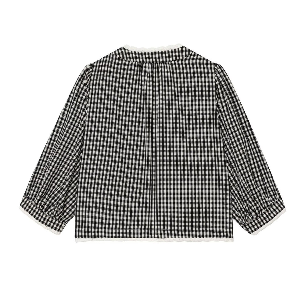 Damen Vichykaro-Bluse mit Häkelbesatz, Bindeband und dreiviertel Ballonärmeln Shop Nory