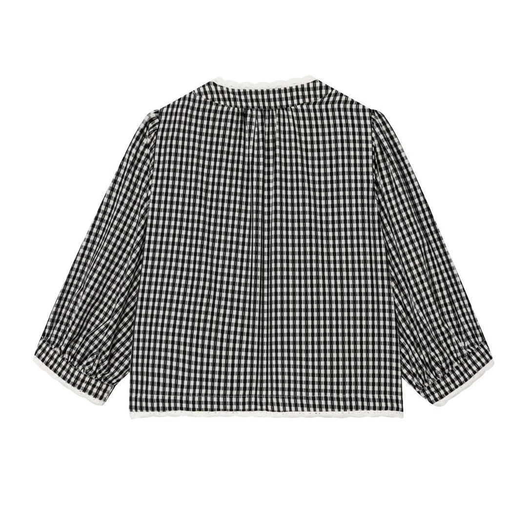Damen Vichykaro-Bluse mit Häkelbesatz, Bindeband und dreiviertel Ballonärmeln Shop Nory
