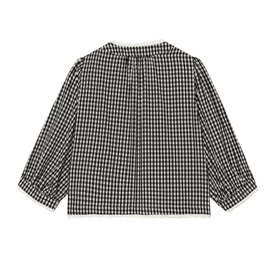 Damen Vichykaro-Bluse mit Häkelbesatz, Bindeband und dreiviertel Ballonärmeln Shop Nory