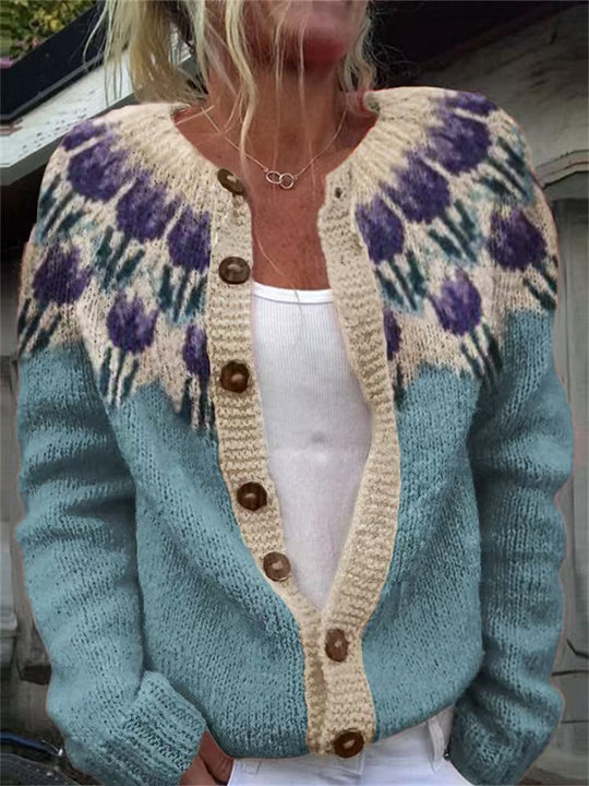Damen nan gemusterte Strickjacke mit Rundpasse, Holzknöpfen und Eingrifftaschen Shop Nory