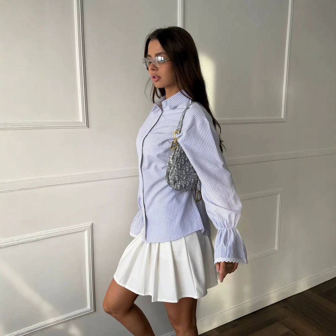 Damen Gestreifte Baumwollbluse mit Spitzenbesatz an Glockenärmeln Shop Nory