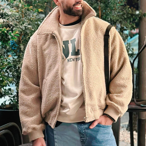 Herren Teddy-Fleece-Blouson mit Reißverschluss, Stehkragen und Rippbündchen Shop Nory