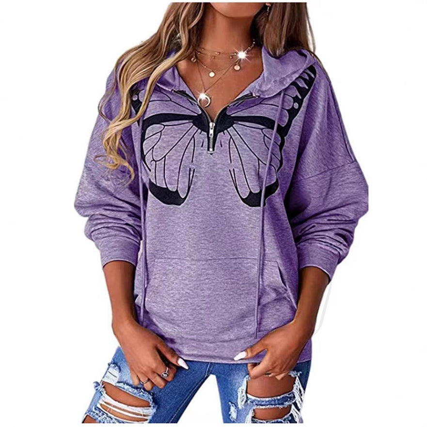 Damen Kapuzenpullover mit halbhohem Reißverschluss und Schmetterlingsprint Shop Nory