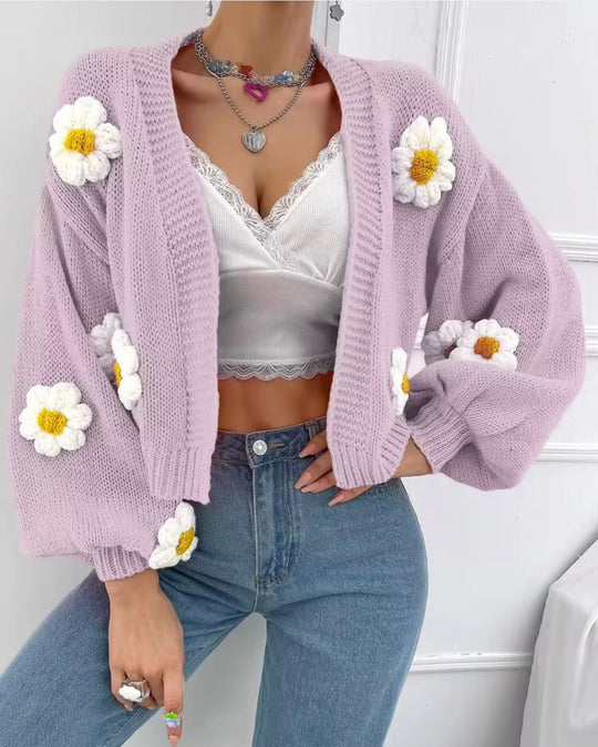 Damen Kurzgeschnittener Grobstrick-Cardigan mit 3D-Blütenapplikationen Shop Nory