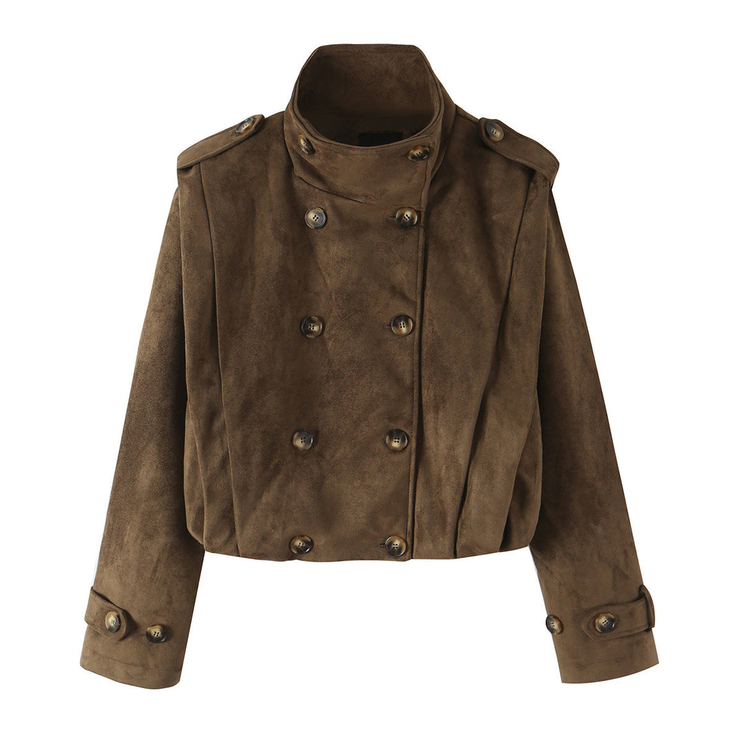 Damen Kurze Doppelreihige Velourslederjacke mit Stehkragen und Epauletten Shop Nory
