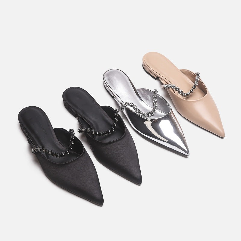 Damen elegante Pantoletten mit glitzerndem Riemen und spitz zulaufender Form