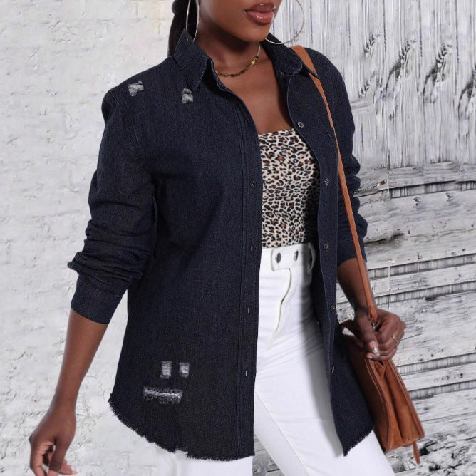 Damen Oversize-Denim-Hemdjacke mit Used-Effekten und rohem Saum Shop Nory