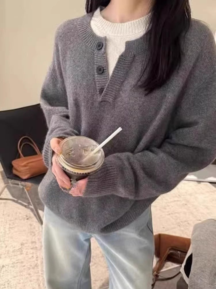 Damen Oversize-Henley-Pullover aus flauschigem Mohair‑Look mit Knopfleiste Shop Nory