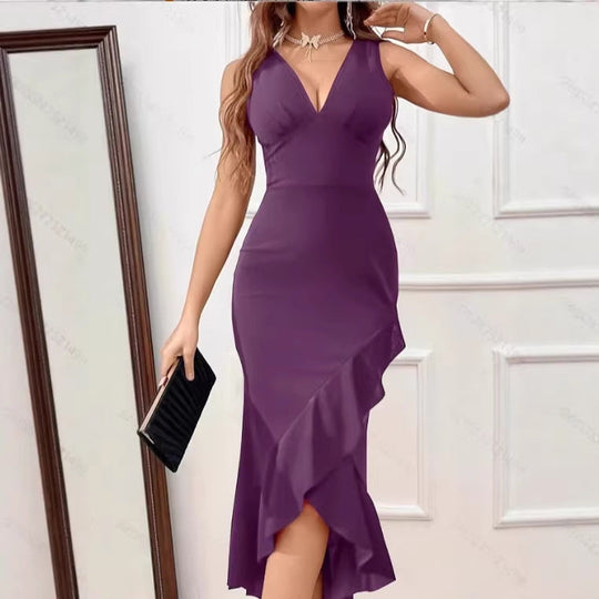 Damen Midikleid mit V-Ausschnitt und asymmetrischem Rüschensaum