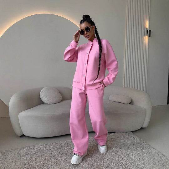 Damen Zweiteiliges Loungewear-Set mit Stehkragen, dekorativen Schmuckknöpfen und weitem Palazzo-Hosenbein Shop Nory