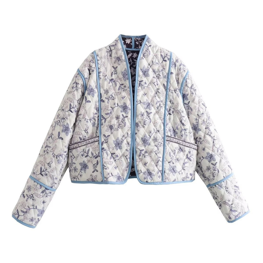 Damen Gestepptes Cropped-Steppjacke mit floralem Allovermuster und kontrastierender Paspelierung Shop Nory