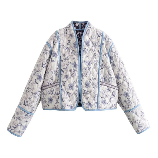 Damen Gestepptes Cropped-Steppjacke mit floralem Allovermuster und kontrastierender Paspelierung Shop Nory