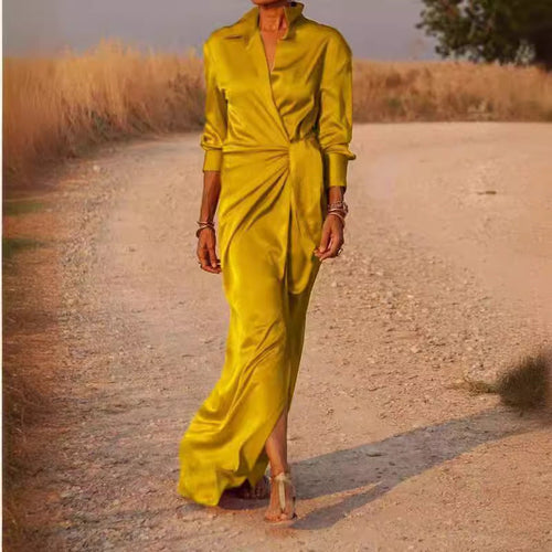 Damen Elegantes Wickel-Maxi-Kleid mit vielseitigem Kragen und seitlichem Schlitz