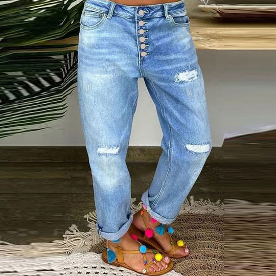 Damen Boyfriend Jeans mit Knopfleiste und distressed Effekten