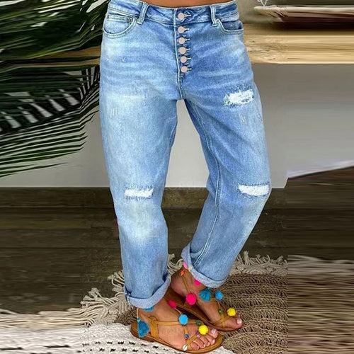 Damen Boyfriend Jeans mit Knopfleiste und distressed Effekten