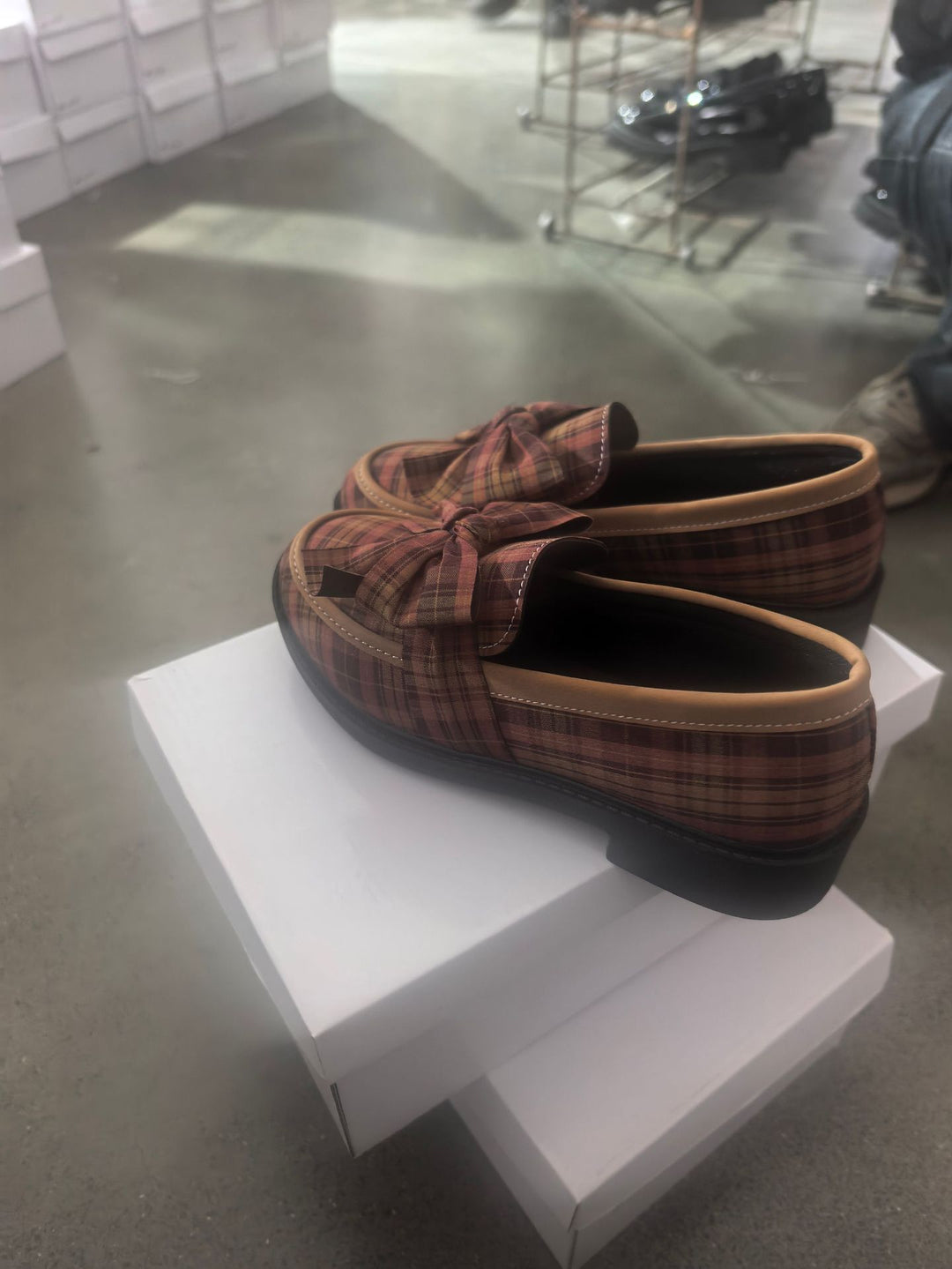 Damen Loafer mit Karo‑Muster und Schleifenapplikation Shop Nory
