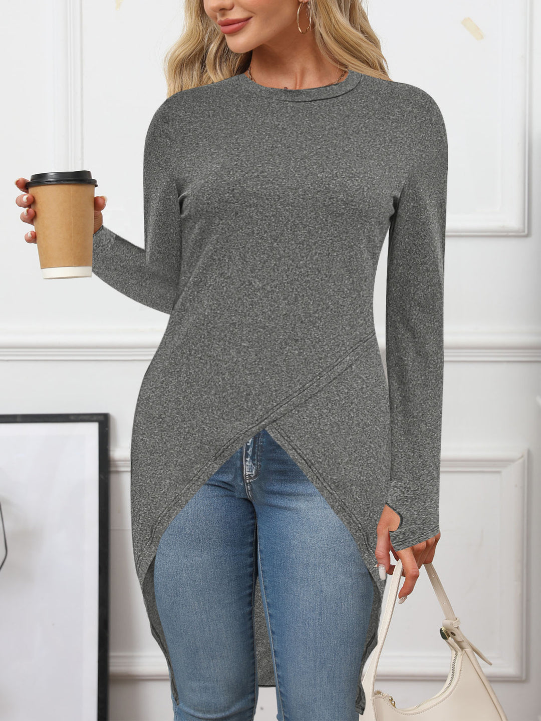 Damen Langes asymmetrisches Tunika-Top mit überlappender Vorderseite und Seitenschlitzen Shop Nory