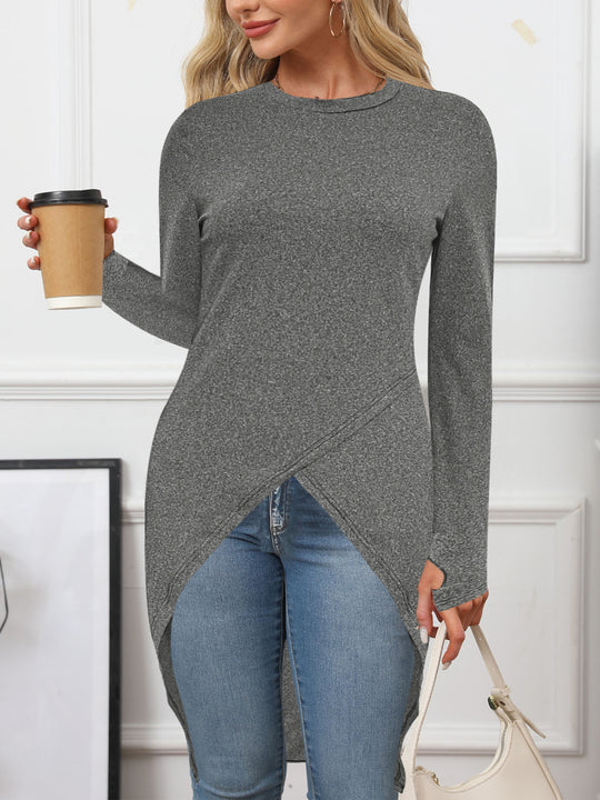 Damen Langes asymmetrisches Tunika-Top mit überlappender Vorderseite und Seitenschlitzen Shop Nory