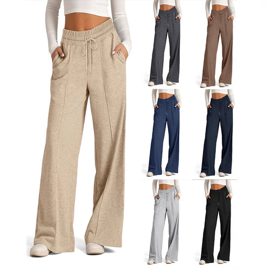 Damen High-Rise Weite Beinhose mit Kordelzug, seitlichen Taschen und vorderer Naht Shop Nory