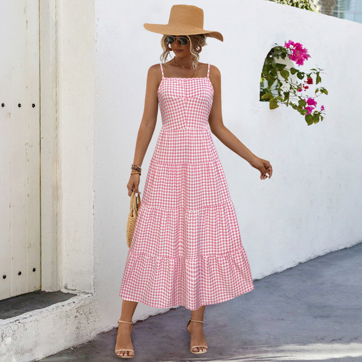 Damen Maxikleid im karierten Design mit Taillenakzent und Rüschensaum
