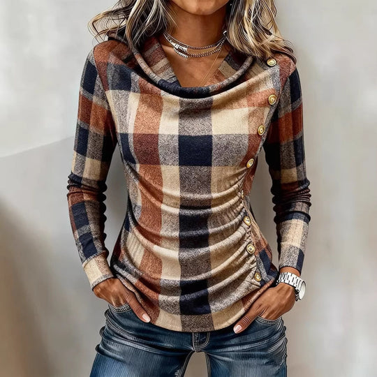 Damen Kariertes Langarm-Feinstrickshirt mit Wasserfallkragen und Zierknopfleiste Shop Nory