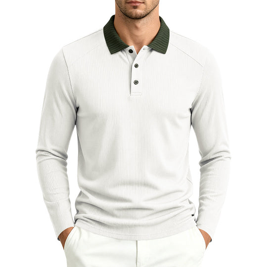 Herren Langarm-Poloshirt mit gerippter Kontrastkragen und feiner Waffelstruktur Shop Nory