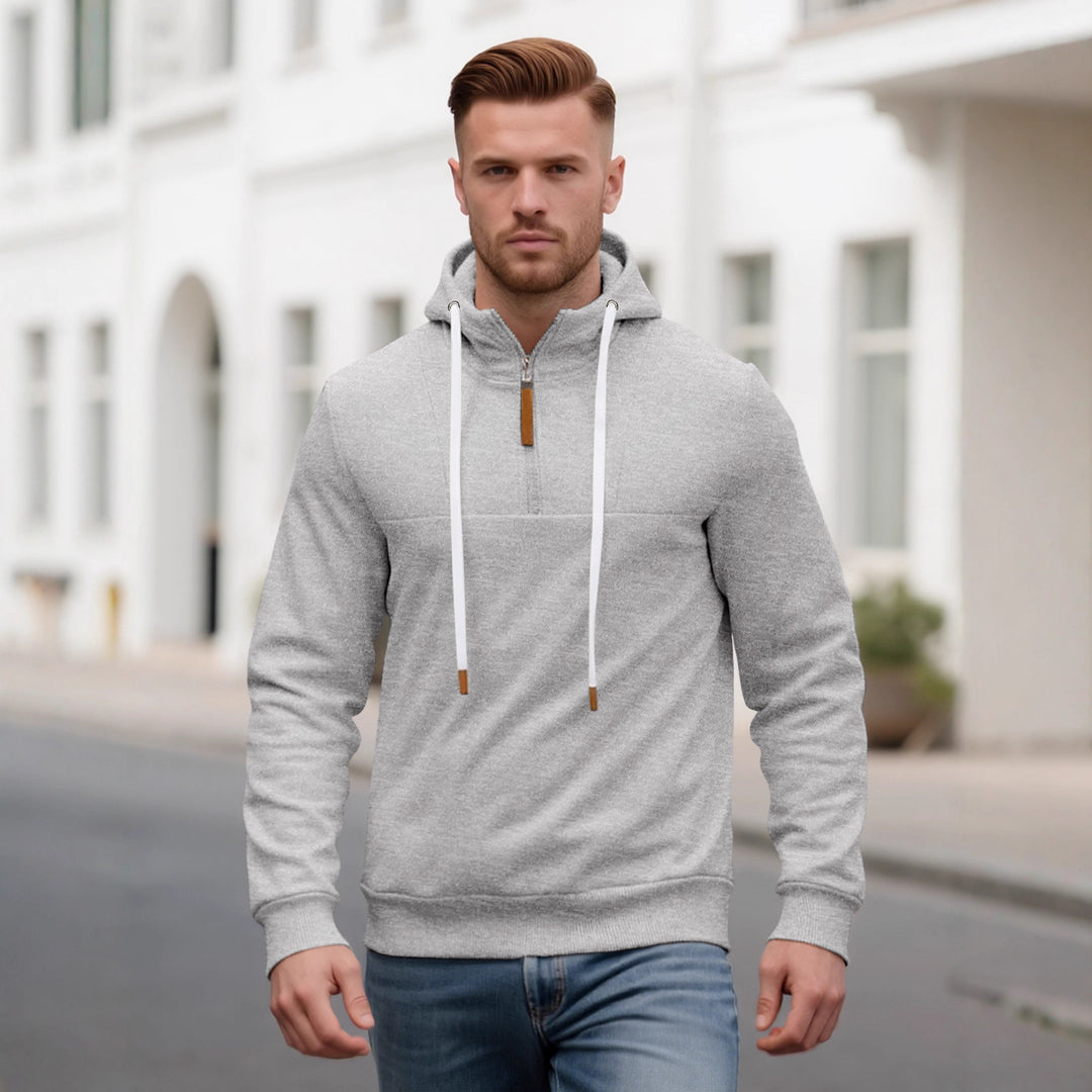 Herren Halbzip-Kapuzenpullover mit Stehkragen, Kordelzug und Lederdetails Shop Nory