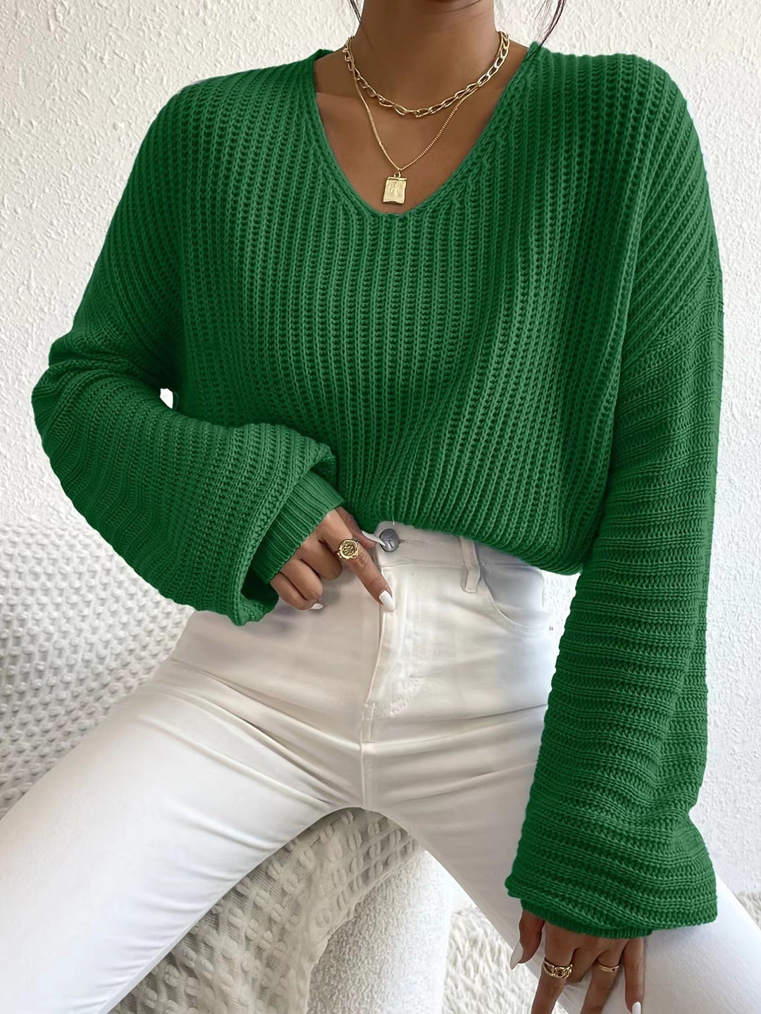 Damen V-Pullover mit weiten Ärmeln und strukturiertem Strickmuster