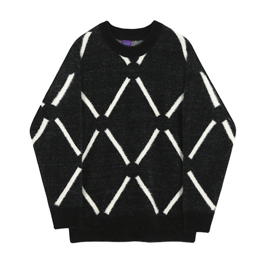 Herren Oversized Flauschiger Strickpullover mit Rautenmuster Shop Nory