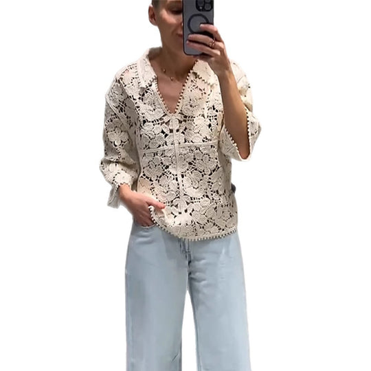 Damen Gehäkelte Bluse mit floralem Ajourmuster und dreiviertel Ärmeln Shop Nory