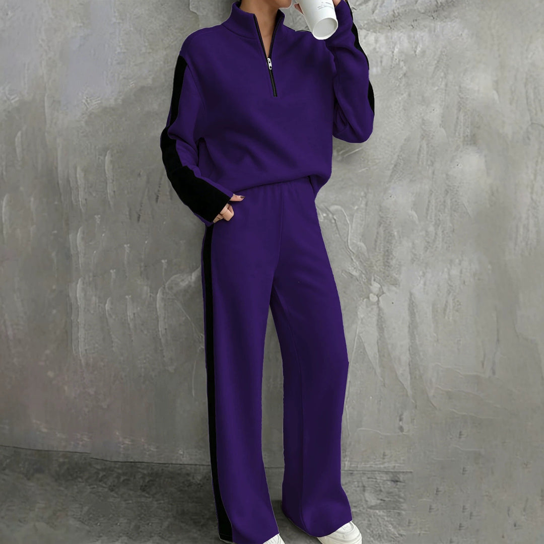 Damen Zweiteiliges Lounge‑Set mit Halbreißverschluss, Kontraststreifen und weitem Palazzo‑Schnitt Shop Nory
