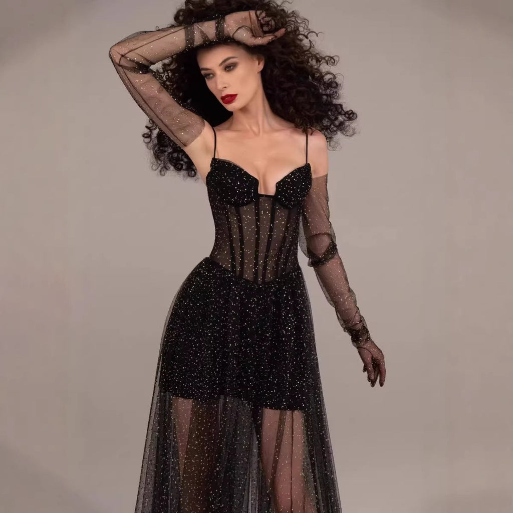 Damen glamouröses Abendkleid mit transparentem Rock und eleganten Details Shopnory