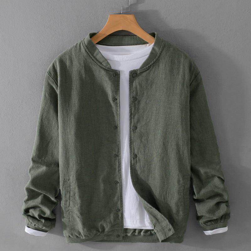 Herren Leichte Leinen-Bomberjacke mit Stehkragen und Druckknöpfen Shop Nory