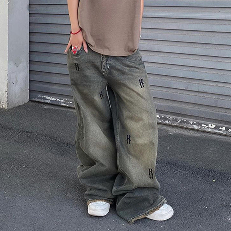 Damen nan hochtaillierte weite Denim-Jeans mit geradem Bein, Five-Pocket und Ton-in-Ton Stickerei Shop Nory