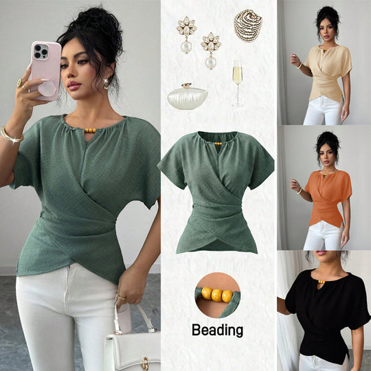 Damen Tailliertes Leinenoptik-Top mit Schlüsselöffnung, Perlen-Detail und Drapierung Shop Nory