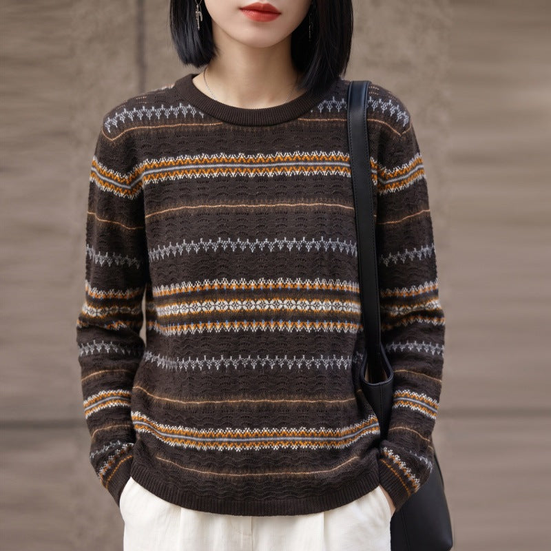 Damen Leichter Rundhals-Pullover im Norwegerstreifen-Design mit strukturierter Ajouroptik Shop Nory