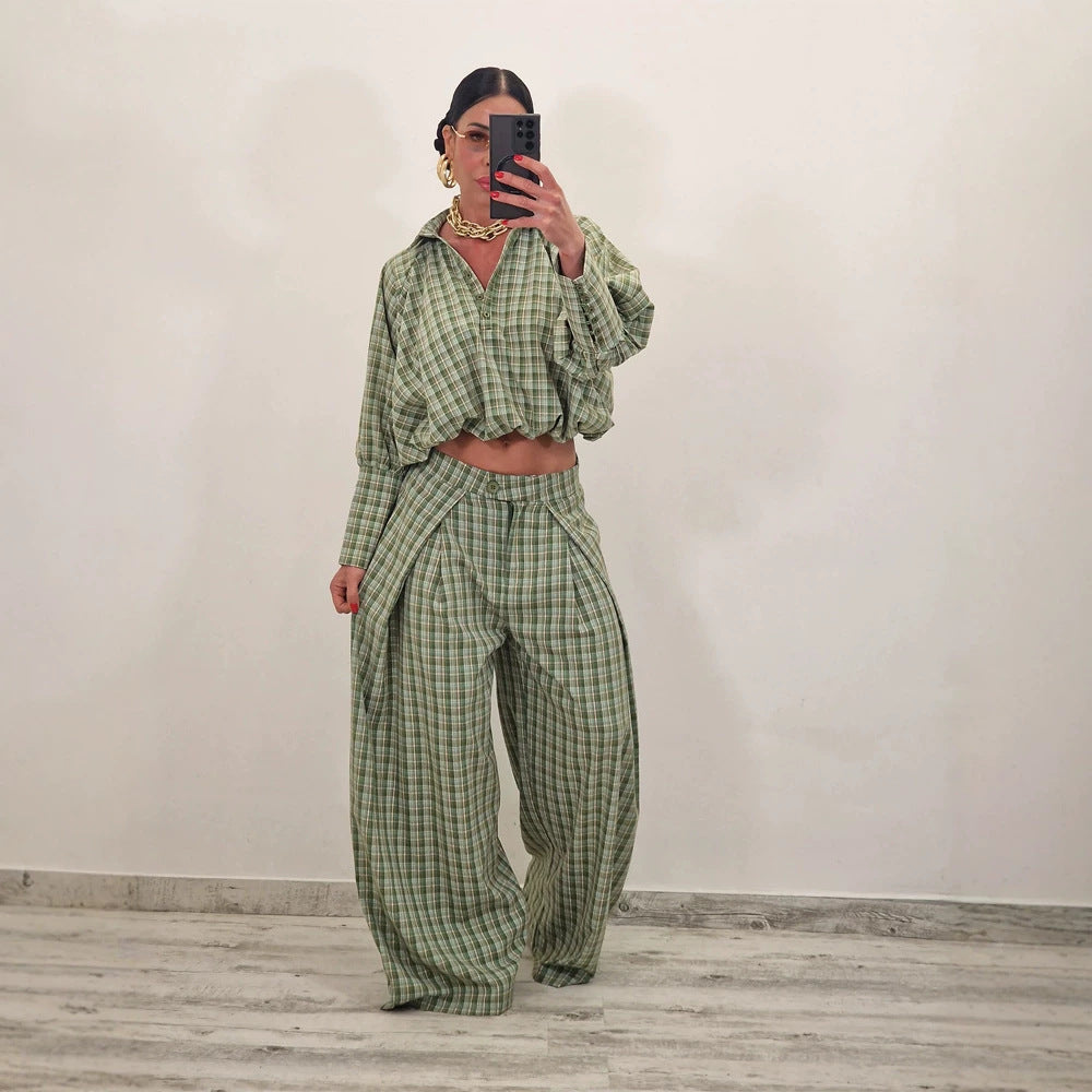 Damen Zweiteiliges kariertes Set mit Cropped Oversize-Hemd und weiter Bundfaltenhose Shop Nory