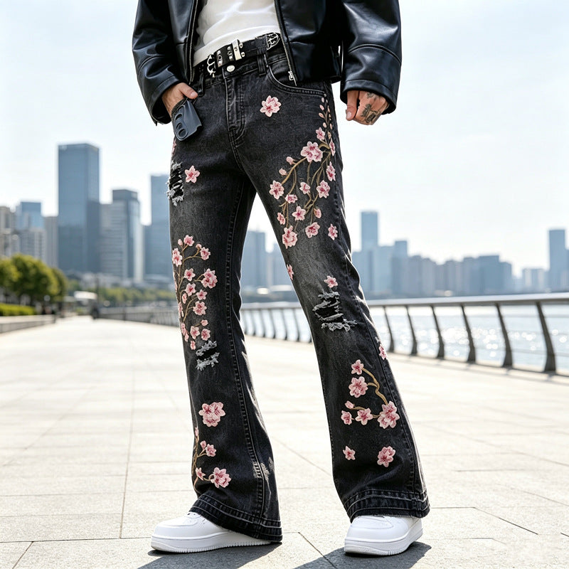 Damen Modische Flared Jeans mit Blumenstickerei Shop Nory